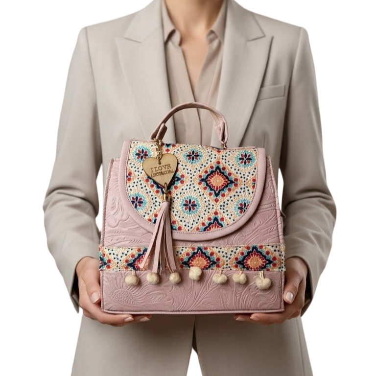 Bolsa Artesanal Rosa Mosaico Floral | Bolso 3 en 1 Mochila y Crossbody