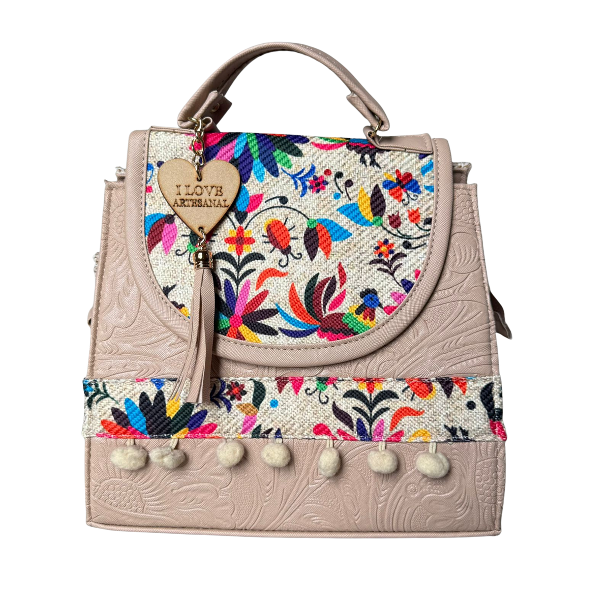 Bolsa Artesanal Palo Rosa Bordado Floral | Bolso 3 en 1 Mochila y Crossbody