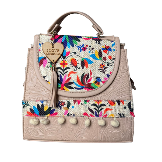 Bolsa Artesanal Palo Rosa Bordado Floral | Bolso 3 en 1 Mochila y Crossbody