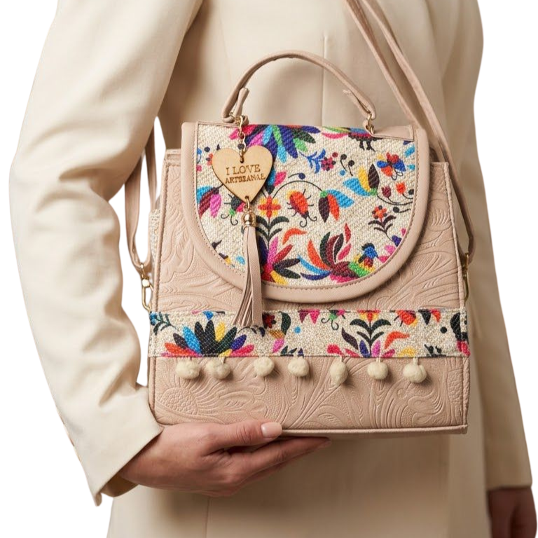 Bolsa Artesanal Palo Rosa Bordado Floral | Bolso 3 en 1 Mochila y Crossbody