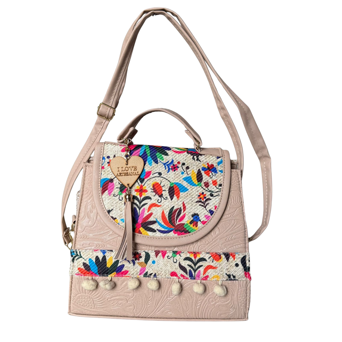 Bolsa Artesanal Palo Rosa Bordado Floral | Bolso 3 en 1 Mochila y Crossbody