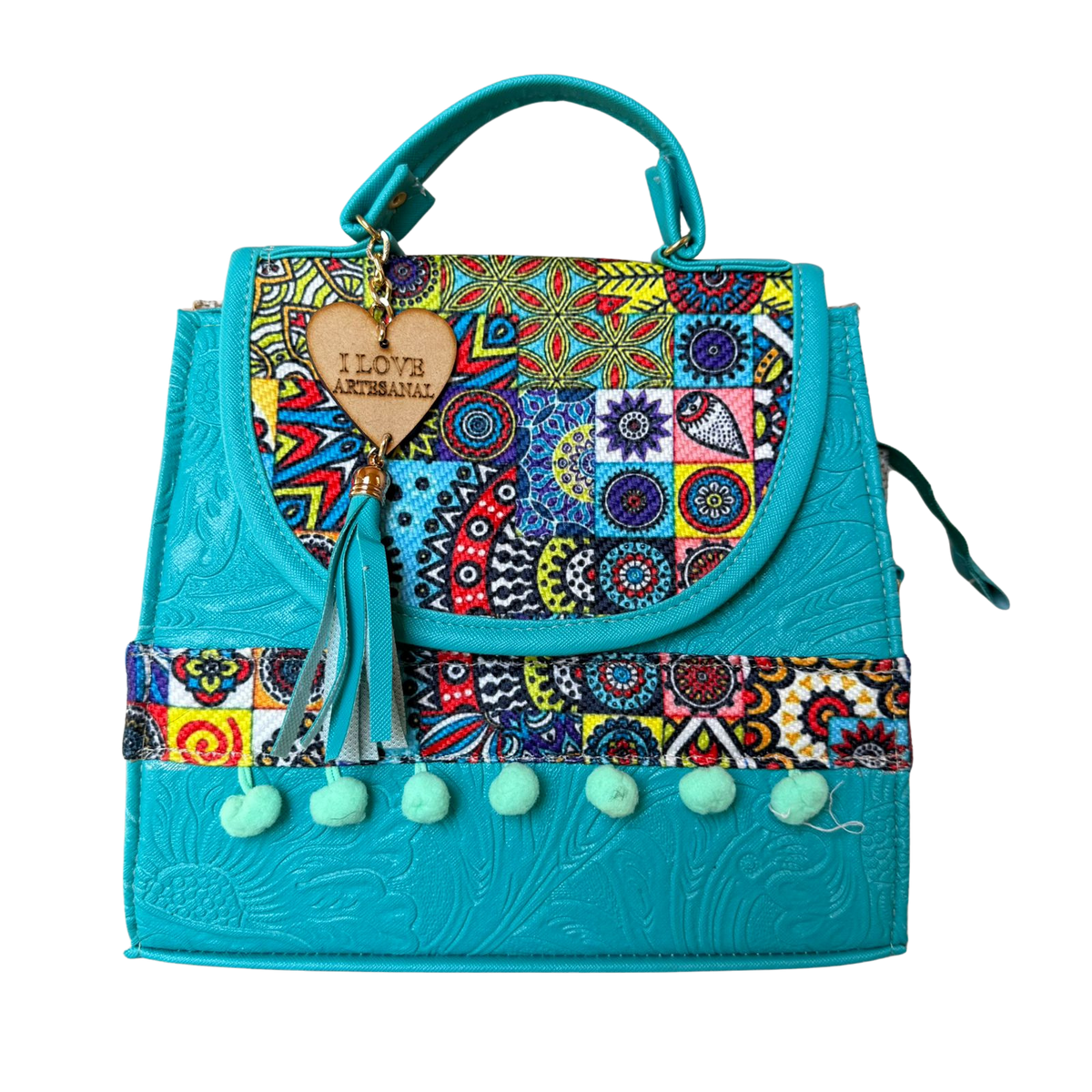 Bolsa Artesanal Turquesa Patchwork Multicolor | Bolso 3 en 1 Mochila y Crossbody