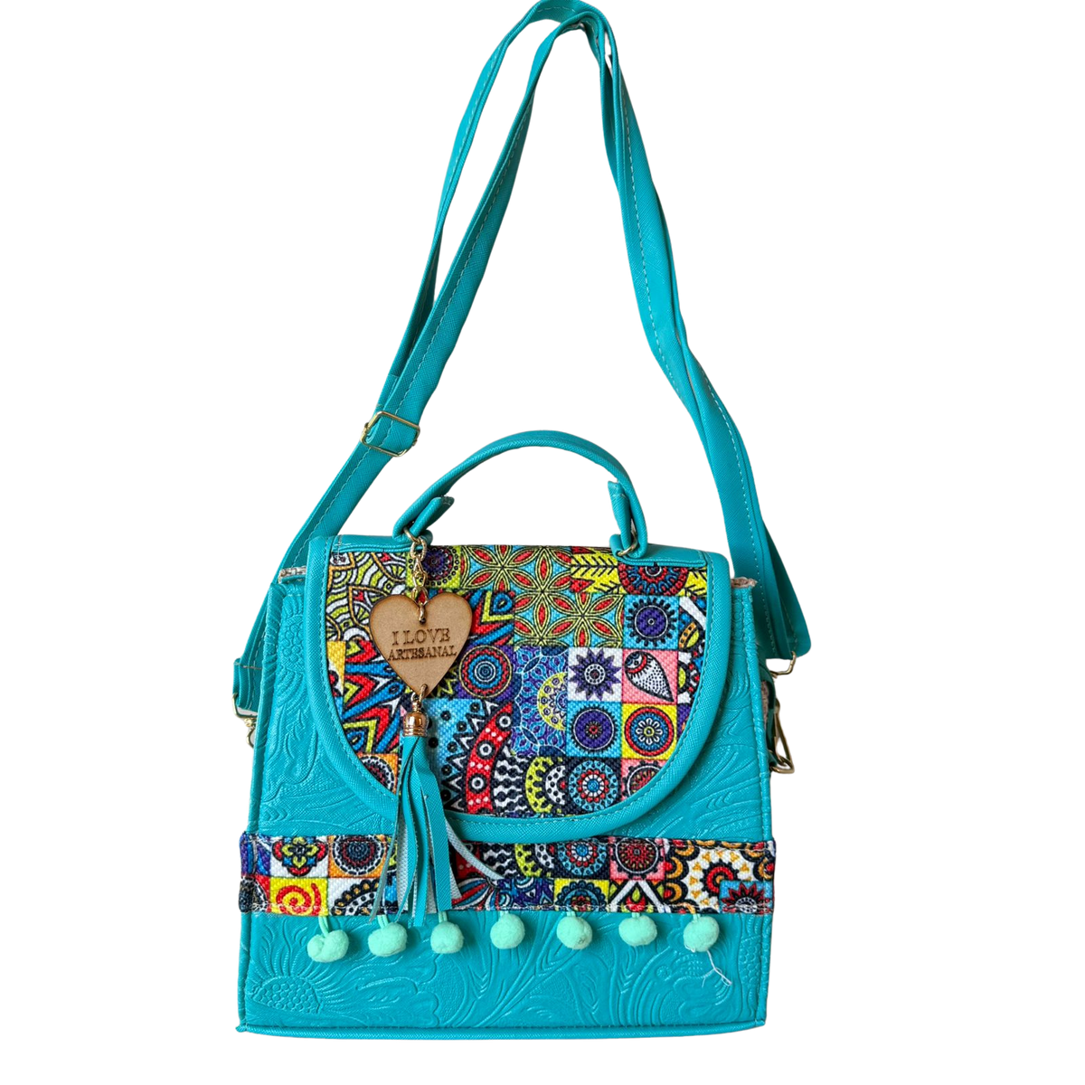 Bolsa Artesanal Turquesa Patchwork Multicolor | Bolso 3 en 1 Mochila y Crossbody