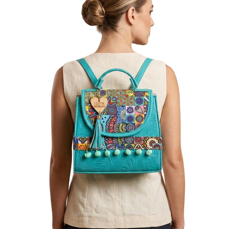 Bolsa Artesanal Turquesa Patchwork Multicolor | Bolso 3 en 1 Mochila y Crossbody
