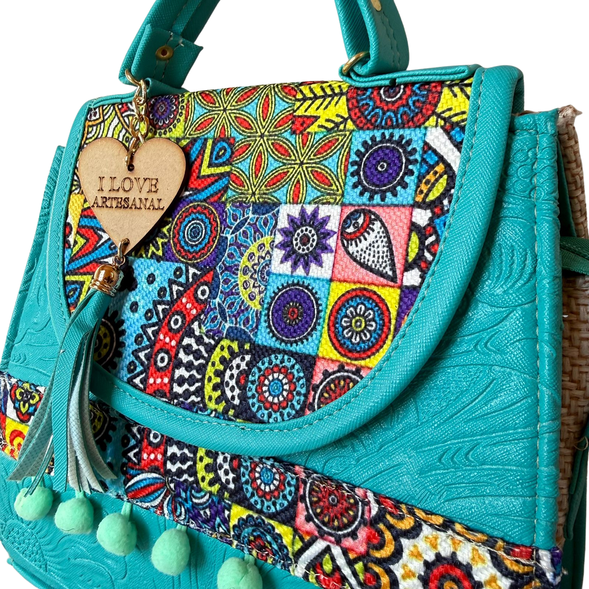 Bolsa Artesanal Turquesa Patchwork Multicolor | Bolso 3 en 1 Mochila y Crossbody