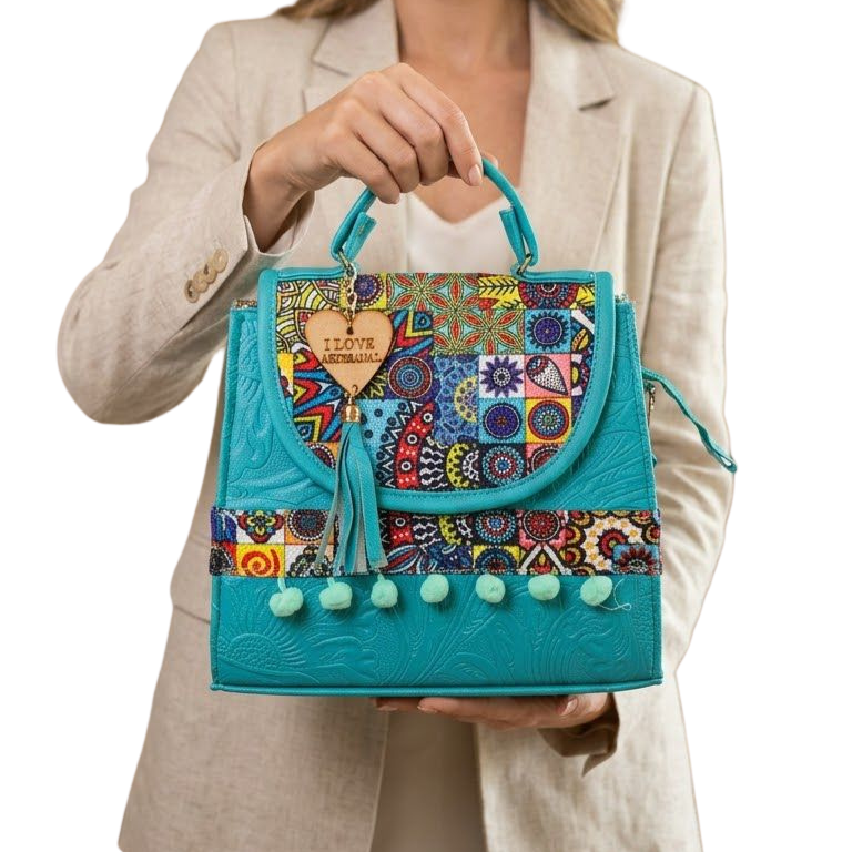 Bolsa Artesanal Turquesa Patchwork Multicolor | Bolso 3 en 1 Mochila y Crossbody