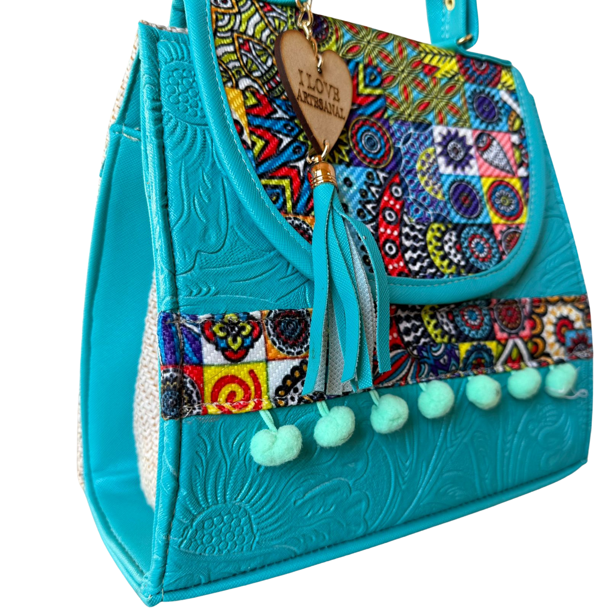 Bolsa Artesanal Turquesa Patchwork Multicolor | Bolso 3 en 1 Mochila y Crossbody