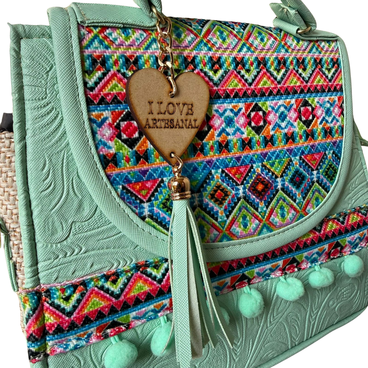 Bolsa Artesanal Verde Menta Bordado Geométrico | Bolso 3 en 1 Mochila y Crossbody