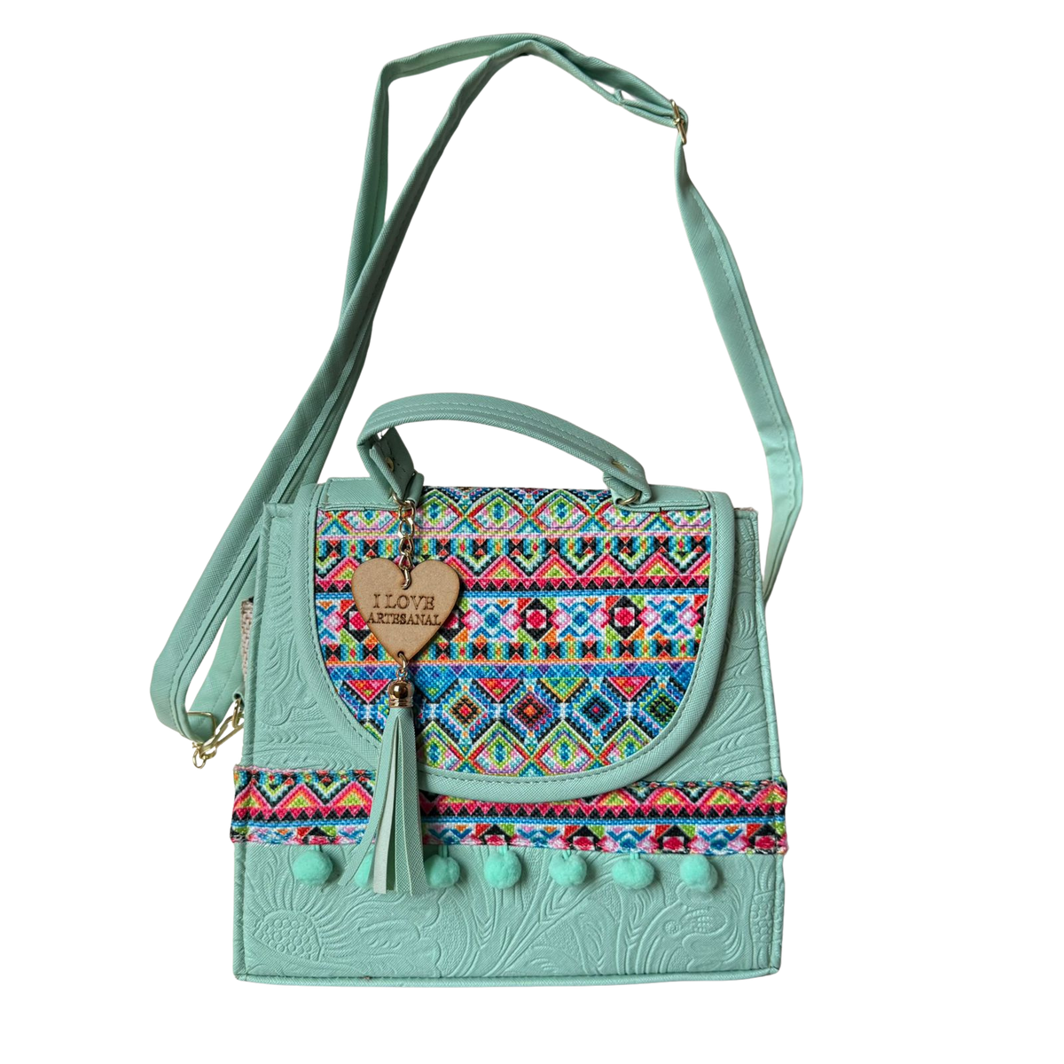 Bolsa Artesanal Verde Menta Bordado Geométrico | Bolso 3 en 1 Mochila y Crossbody