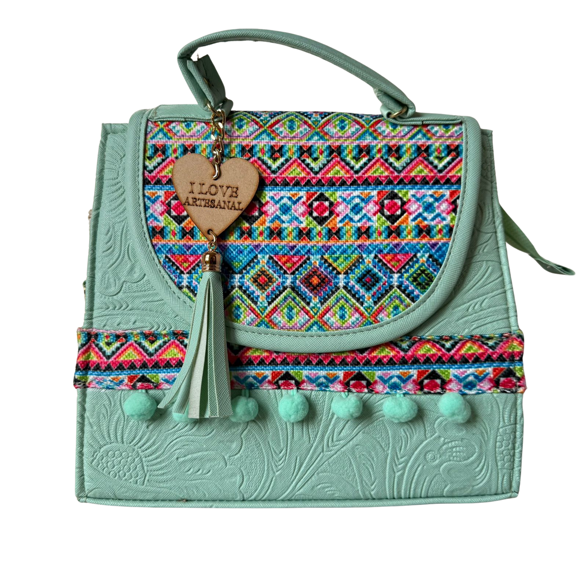 Bolsa Artesanal Verde Menta Bordado Geométrico | Bolso 3 en 1 Mochila y Crossbody