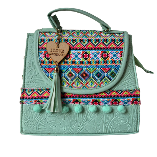 Bolsa Artesanal Verde Menta Bordado Geométrico | Bolso 3 en 1 Mochila y Crossbody