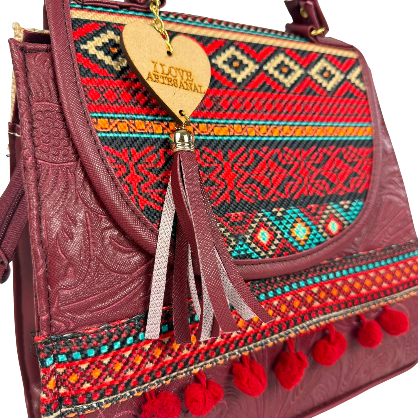 Mochila y Bolso de Mano Artesanal Color Vino con Bordado Geométrico Étnico
