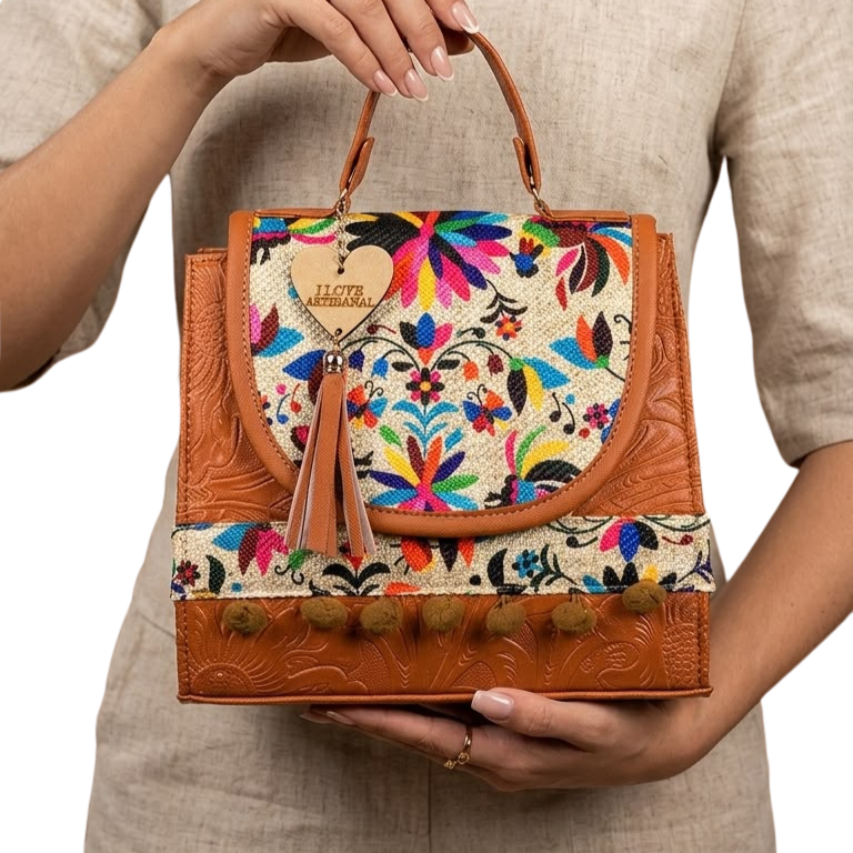 Mochila y Bolso Artesanal Café de Mano 3 en 1 – Bordado Floral Multicolor