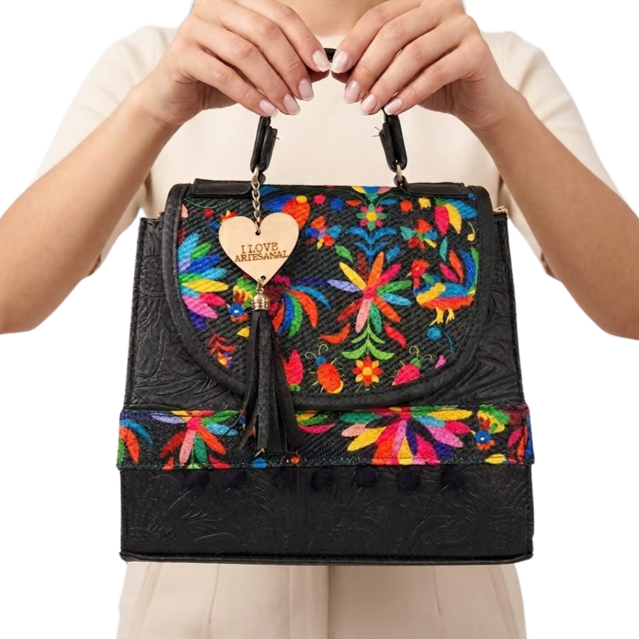 Mochila y Bolso Artesanal de Mano 3 en 1 – Bordado Mexicano Multicolor