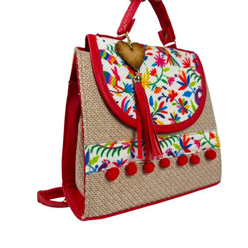 Bolso Mochila Artesanal de Yute - Edición Floral Rojo