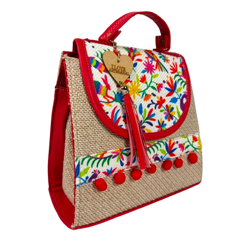 Bolso Mochila Artesanal de Yute - Edición Floral Rojo