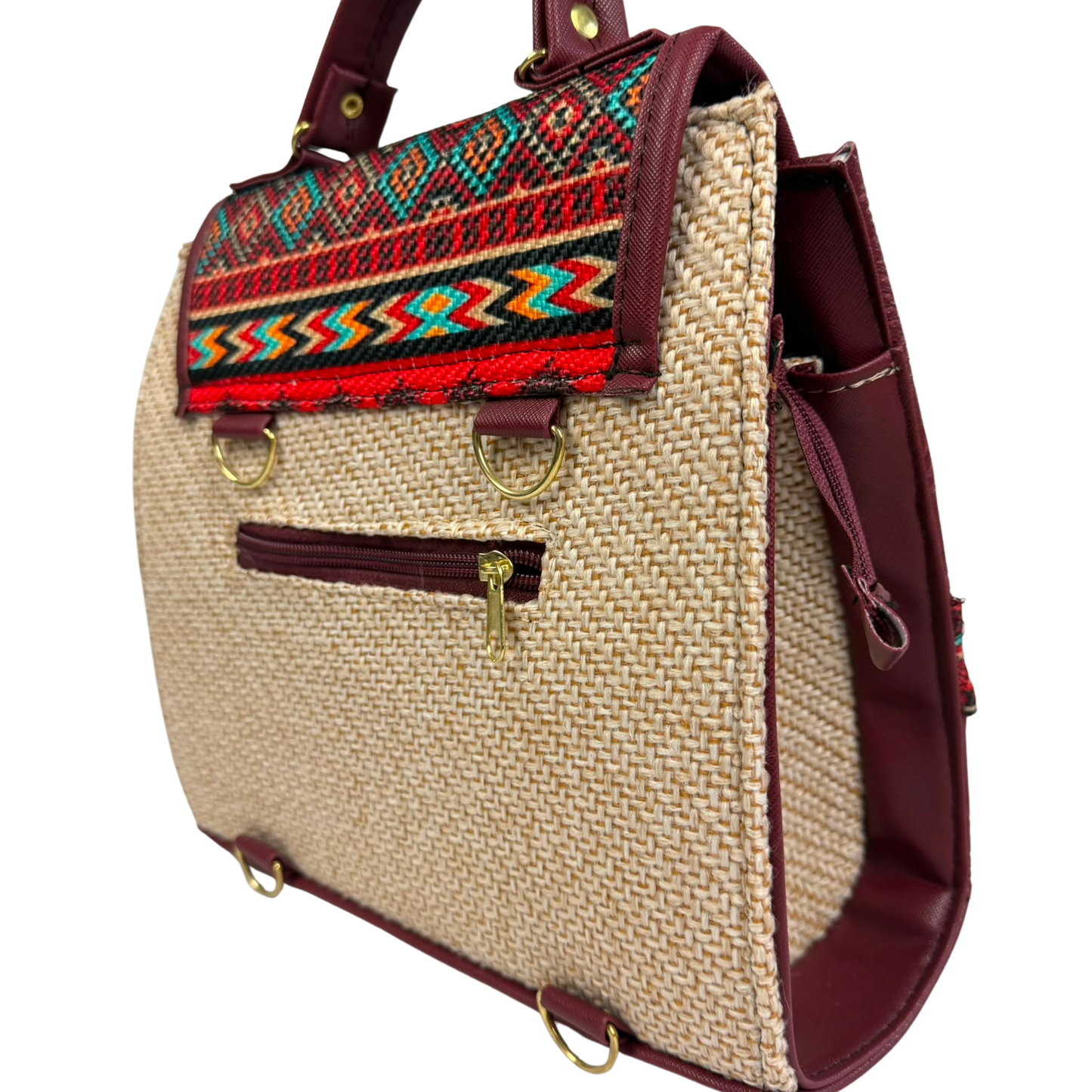 Mochila y Bolso de Mano Artesanal Color Vino con Bordado Geométrico Étnico