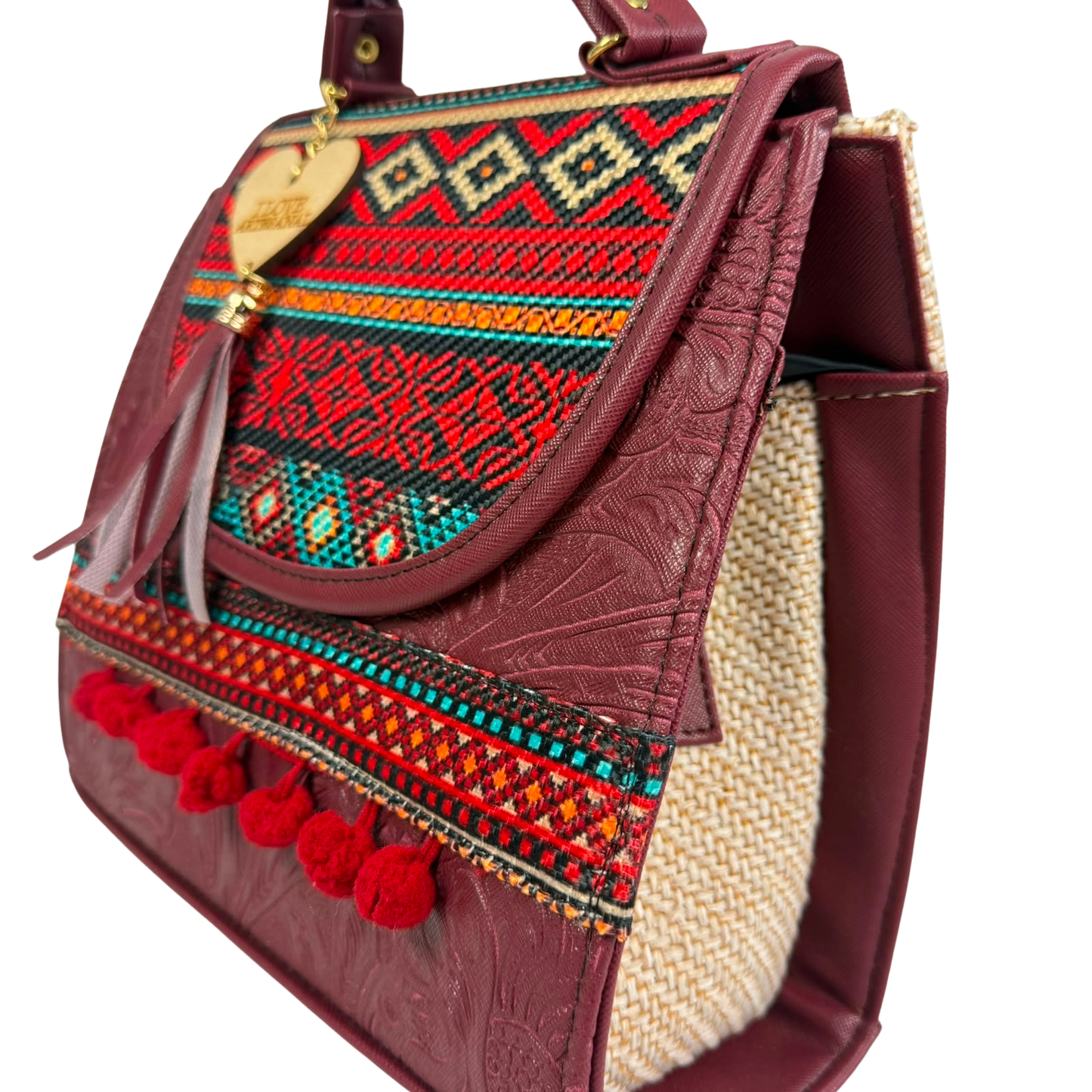 Mochila y Bolso de Mano Artesanal Color Vino con Bordado Geométrico Étnico