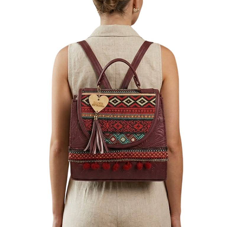Mochila y Bolso de Mano Artesanal Color Vino con Bordado Geométrico Étnico