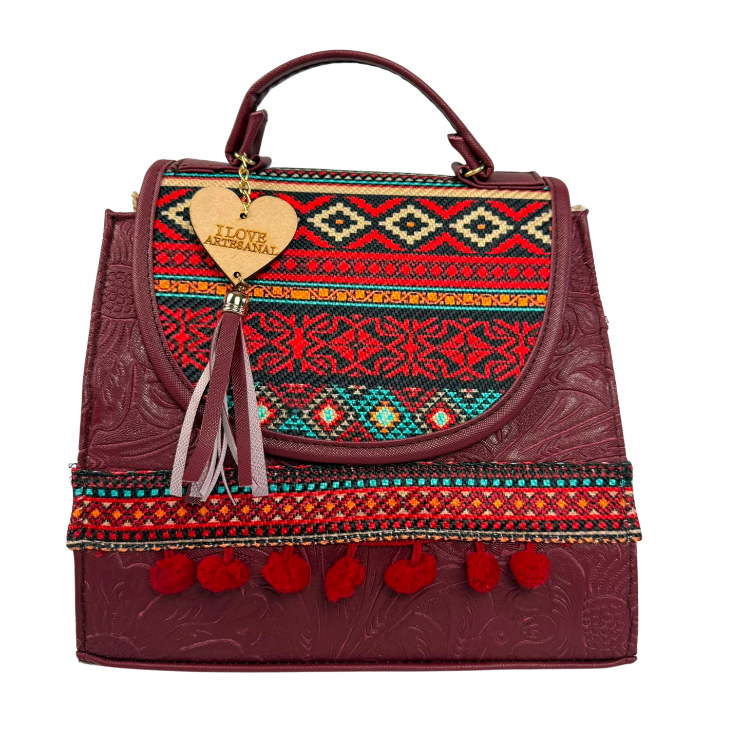 Mochila y Bolso de Mano Artesanal Color Vino con Bordado Geométrico Étnico