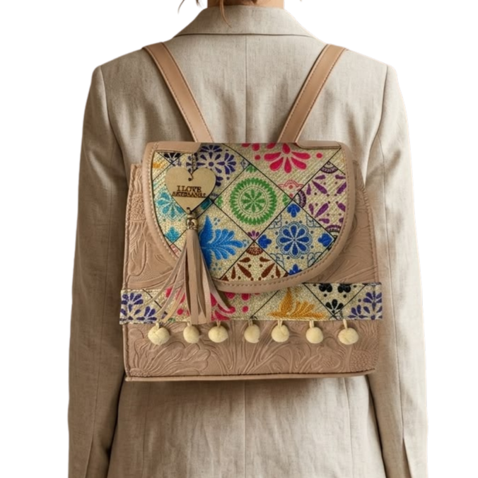Mochila Artesanal de Piel sintética Bordada con Detalles Florales y Pompones