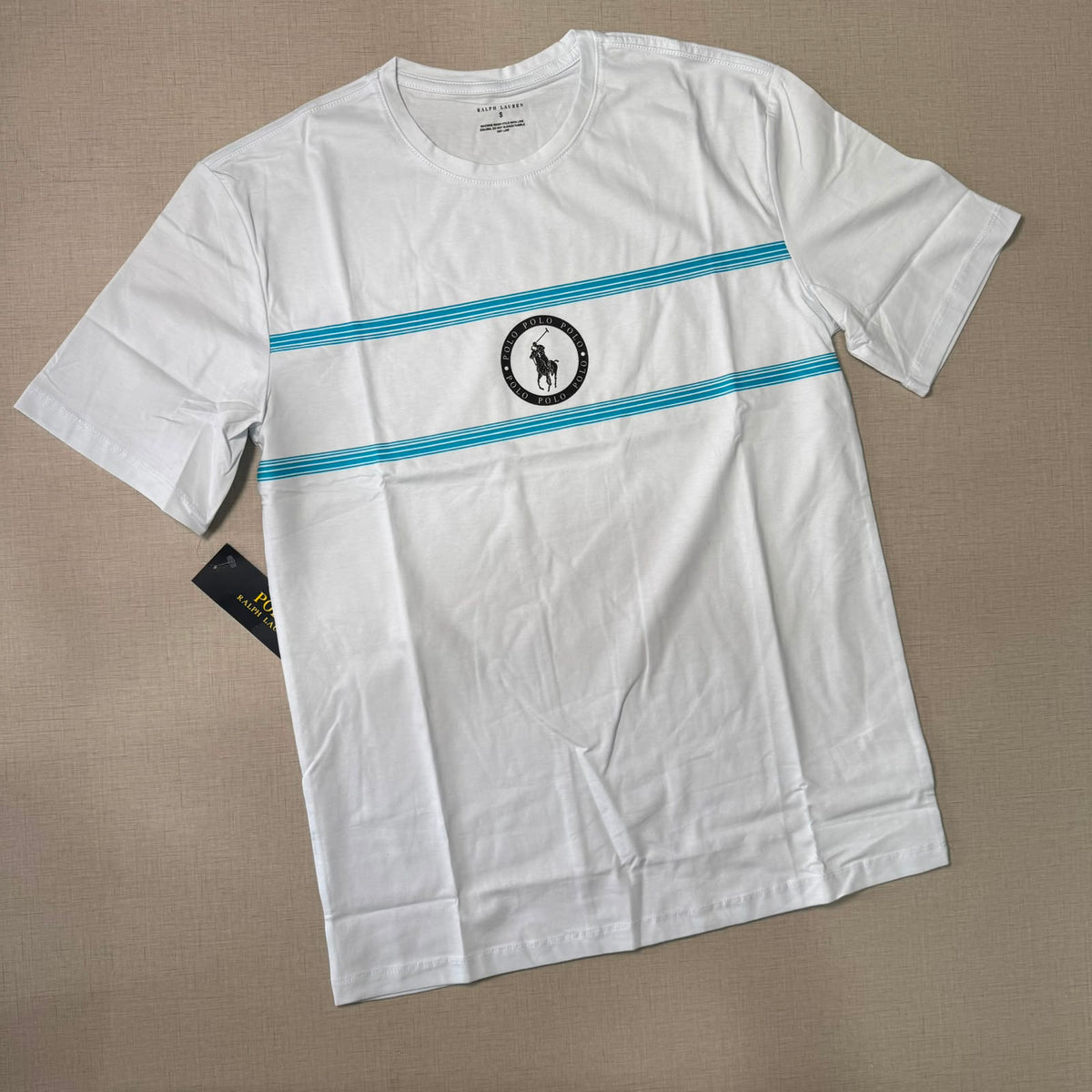 Playera Casual Cuello Redondo Blanca Franjas Turquesa - Talla S | Ropa de Caballero